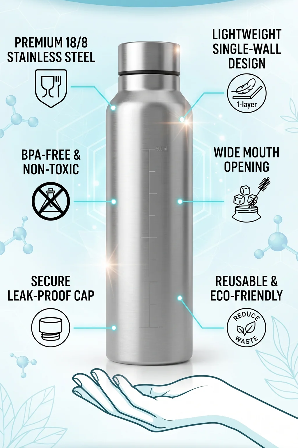 Ajanta 1 Litre Stainless Steel Water Bottle | Single Wall Leakproof Bottle with Carry Strap | BPA Free Reusable Steel Drinking Bottle for Office, Gym, School & Travel - Image 7