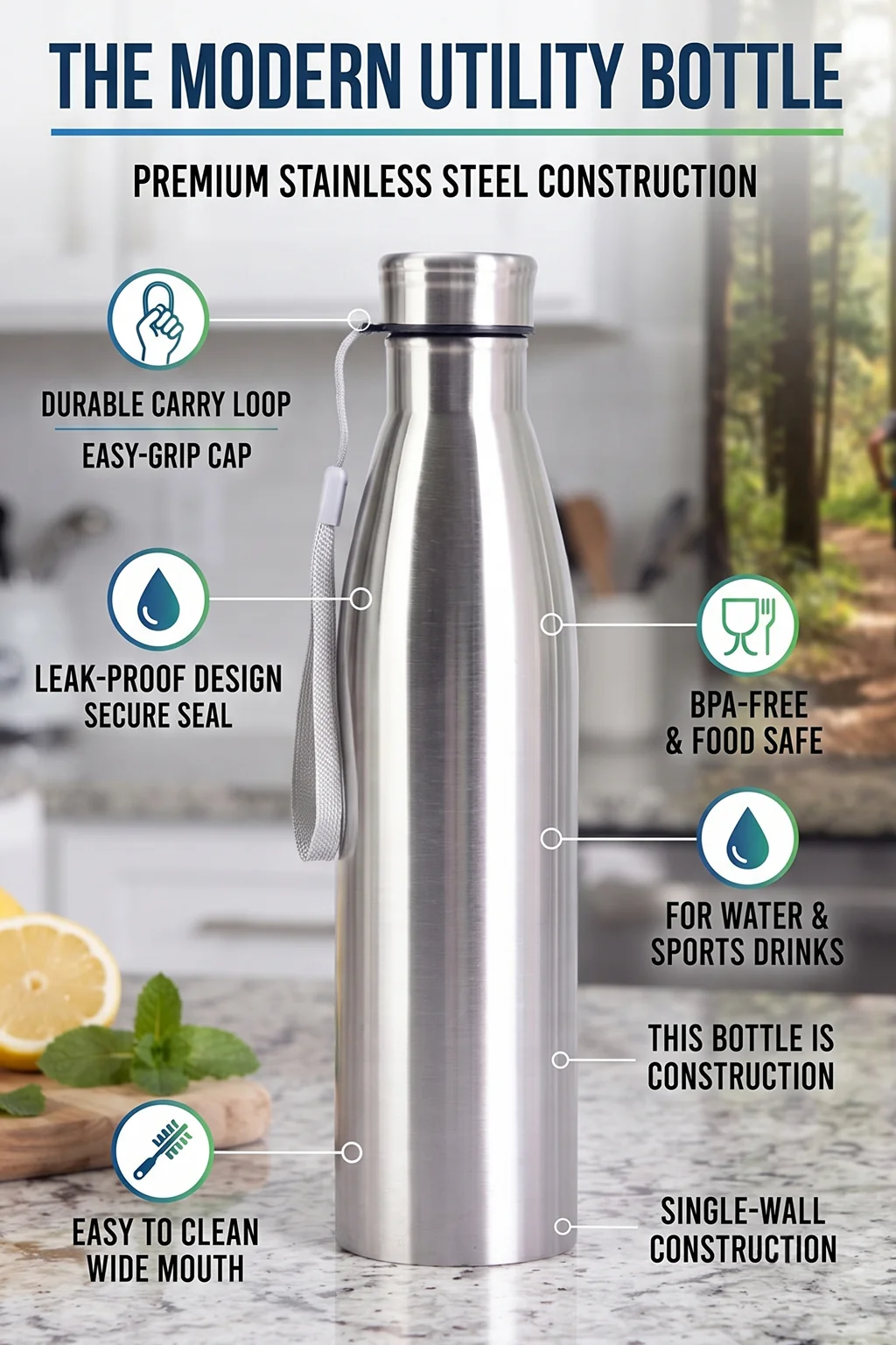 Ajanta 1 Litre Stainless Steel Water Bottle | Single Wall Leakproof Bottle with Carry Strap | BPA Free Reusable Steel Drinking Bottle for Office, Gym, School & Travel - Image 8