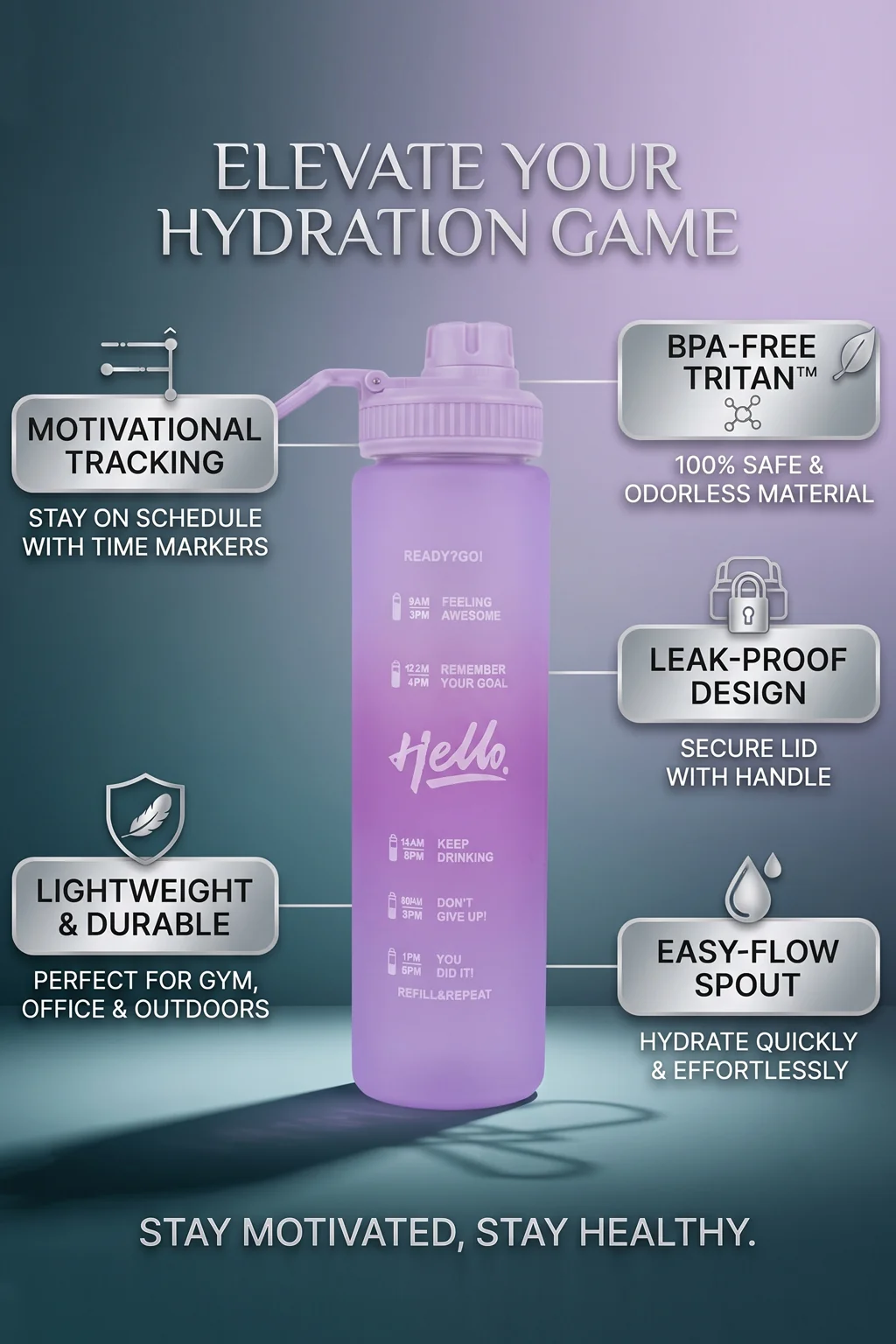 Ajanta 1L Motivational Sports Water Bottle | BPA Free Food Grade Plastic Leakproof Sports Sipper Bottle | Screw Lid with Carry Handle Time Marker Reusable Water Bottle for Gym, Office, School & Travel - Image 11