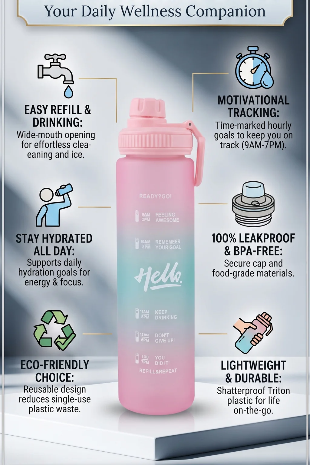 Ajanta 1L Motivational Sports Water Bottle | BPA Free Food Grade Plastic Leakproof Sports Sipper Bottle | Screw Lid with Carry Handle Time Marker Reusable Water Bottle for Gym, Office, School & Travel - Image 12