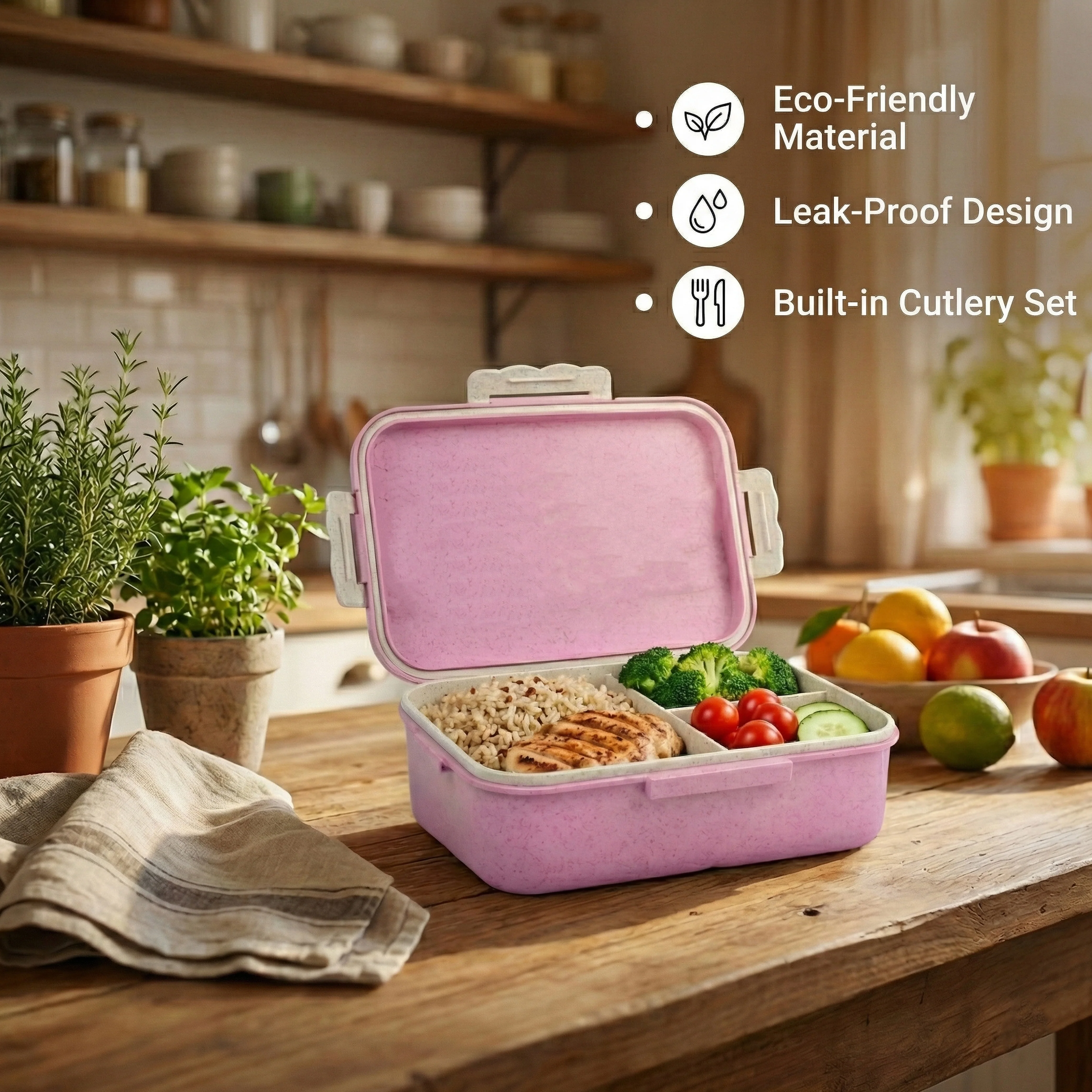 Ajanta BPA-Free 3-Section Lunch Meal Box with Snap Lock Lid & Transparent Cutlery Compartment for Kids - Image 5