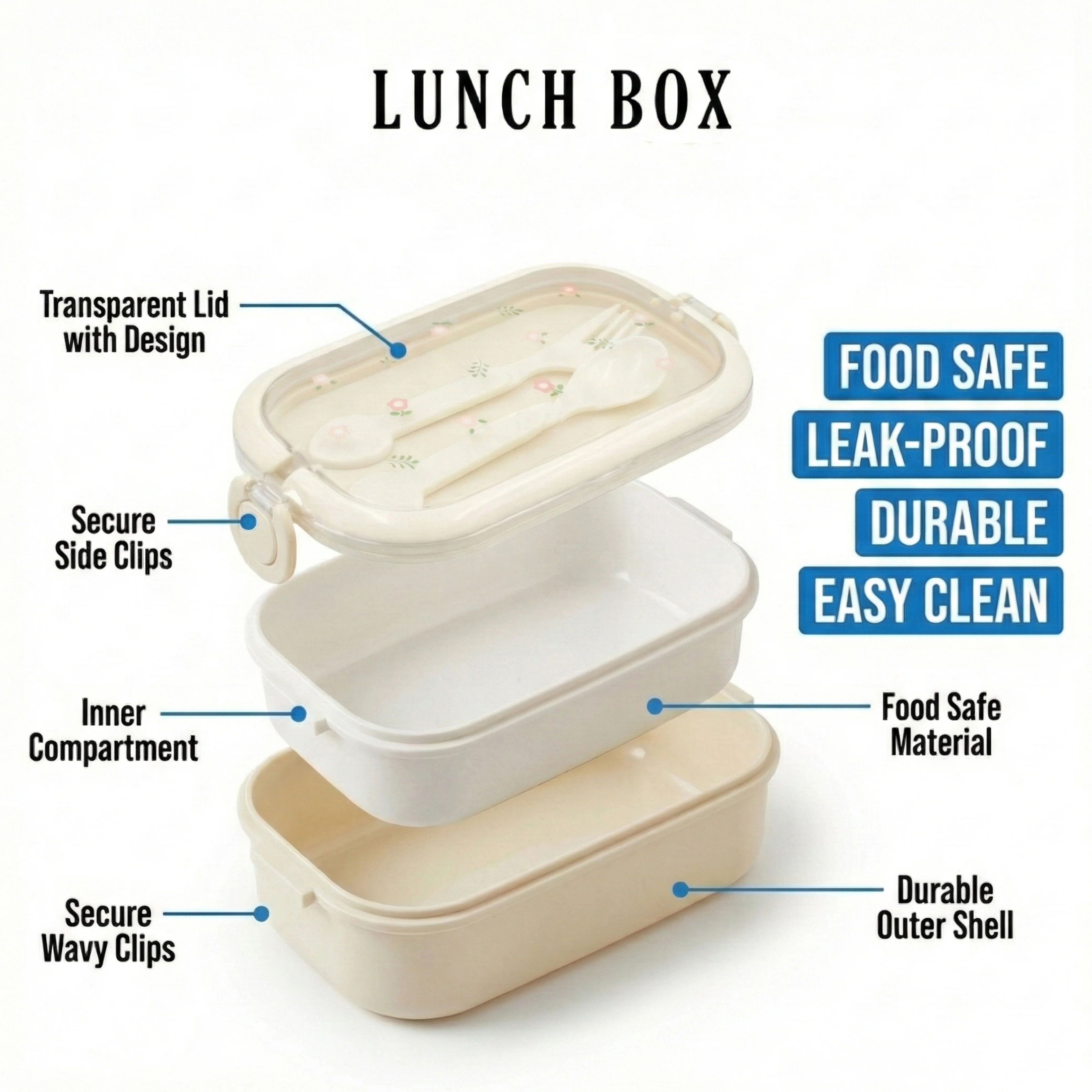 Ajanta BPA-Free Lunch Box with Cutlery Compartment Single-Section Meal Box with Transparent Lid, Dual Snap Locks & Top Handles - Image 8