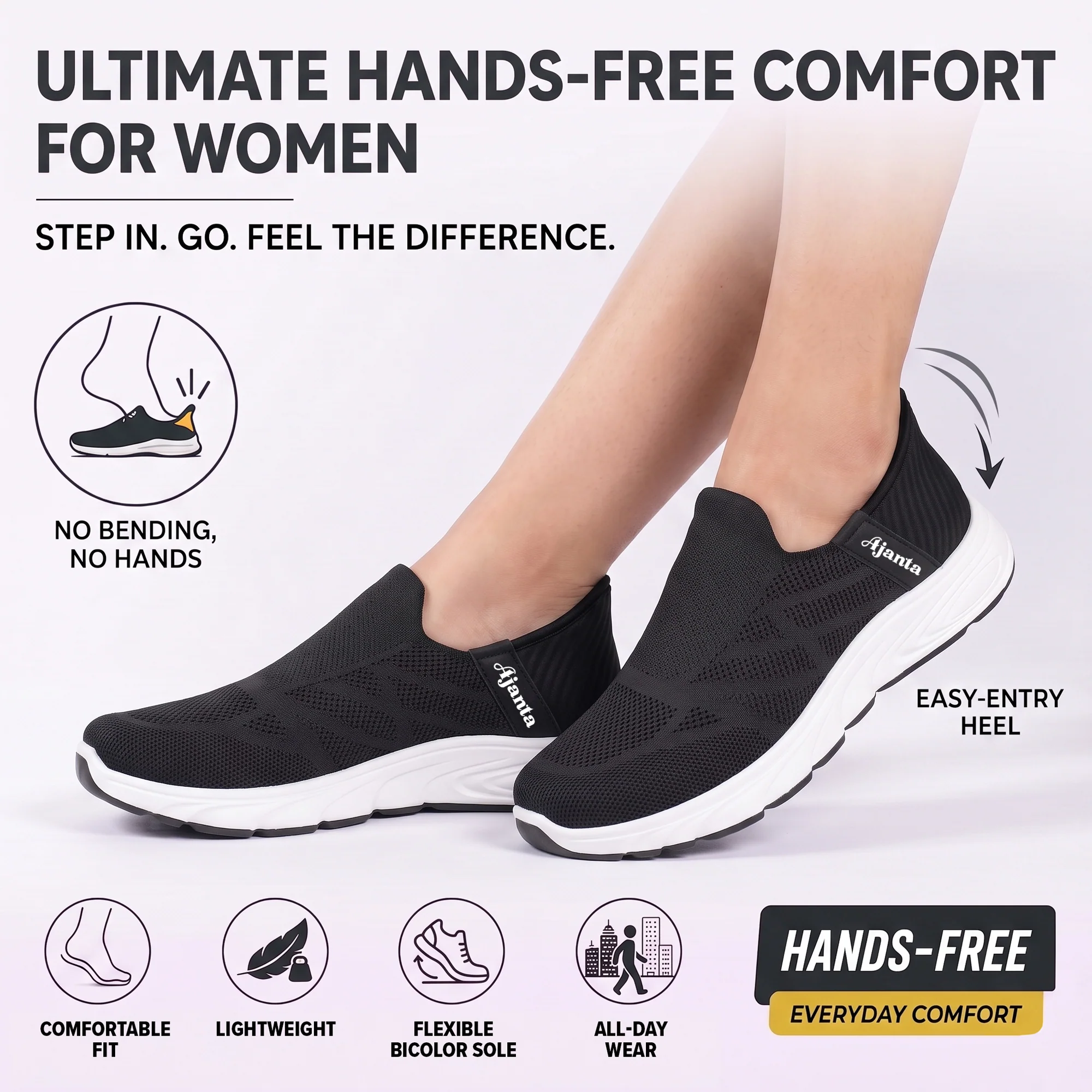 AJANTA Hands-Free Slip On Shoes for Women | Walking Shoes for Women | Sports Shoes | Lightweight Breathable Running Sneakers | Memory Foam Cushion | Gym, Office, Travel, Casual Shoes Black - Image 19