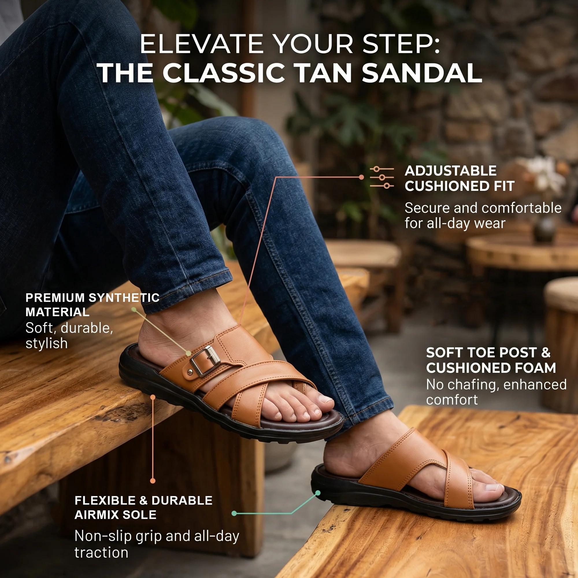 AJANTA Men Comfort Sandals | Lightweight Casual Daily Wear Footwear (Tan) - Image 8