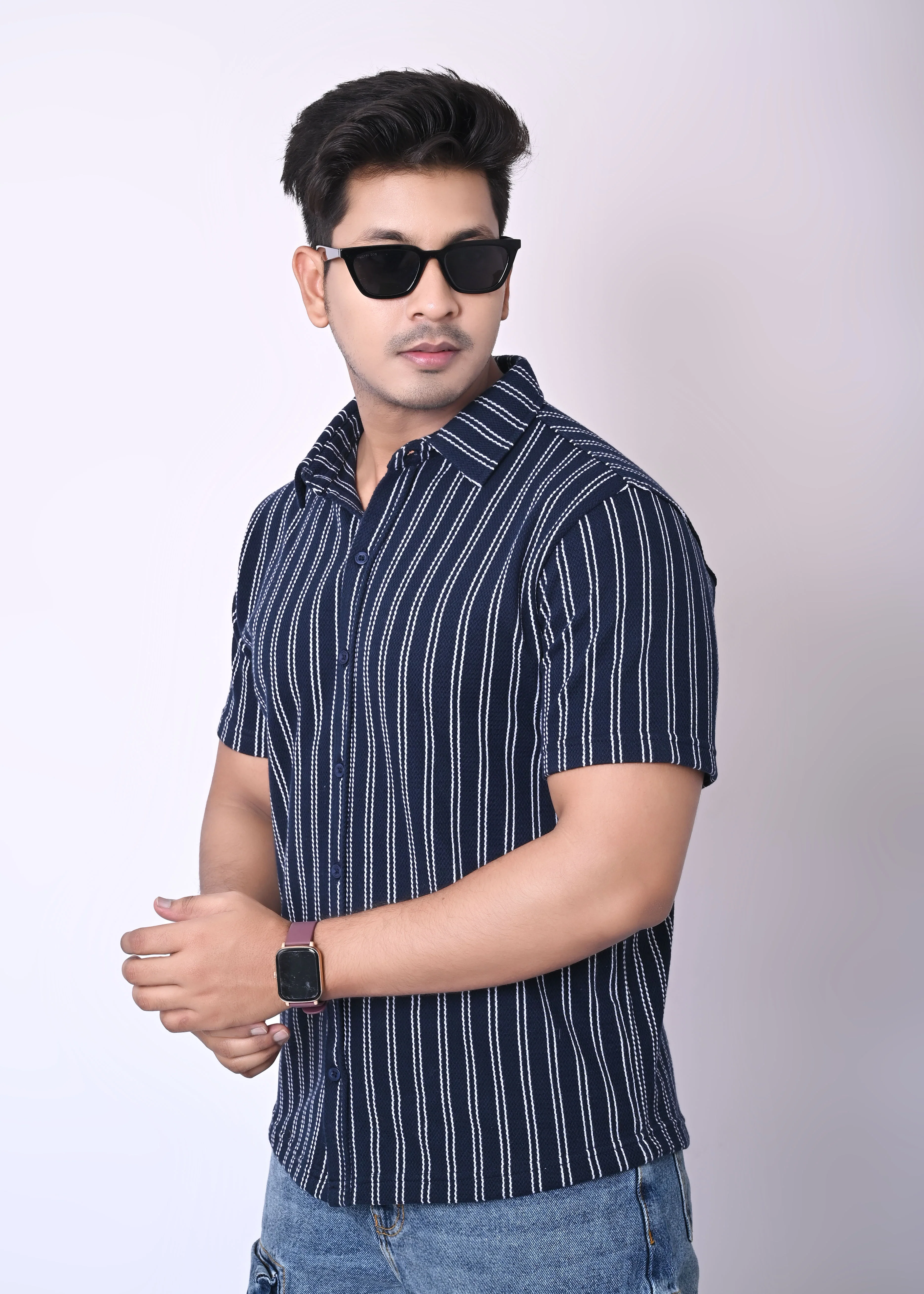 IMPERIO Men Slim Fit Knitted Casual Shirt| Striped Spread Collar With Half Sleeves SC5006 - Image 4