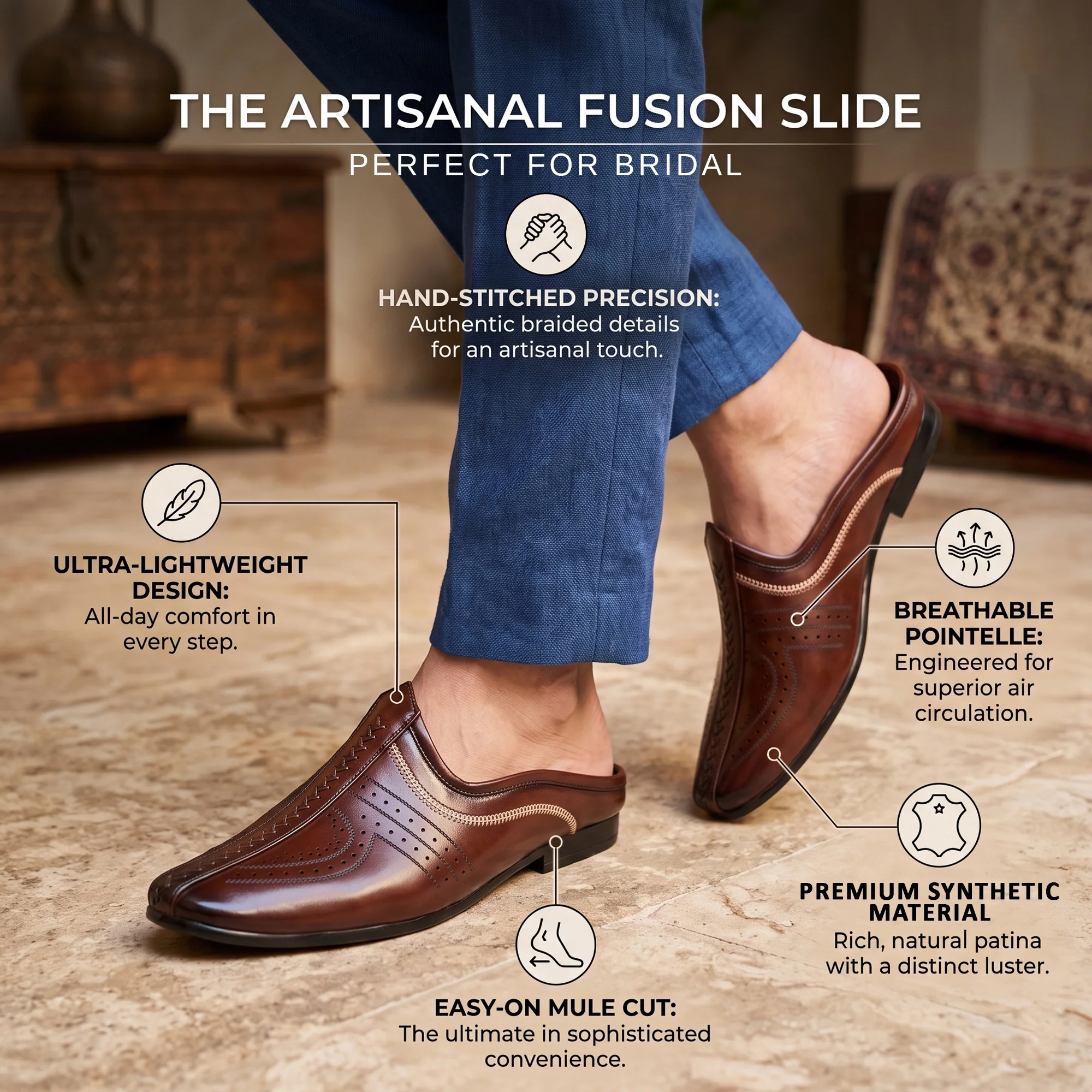 AJANTA Men's Brown Mule Loafers Shoes | Formal Slip-On Mules for Men | Synthetic Leather Ethnic Mojari Style Back Open Dress Wear | Comfortable Lightweight Airmix Sole | Office Wear, Wedding, Party Festive & Traditional Casual Footwear - Image 10