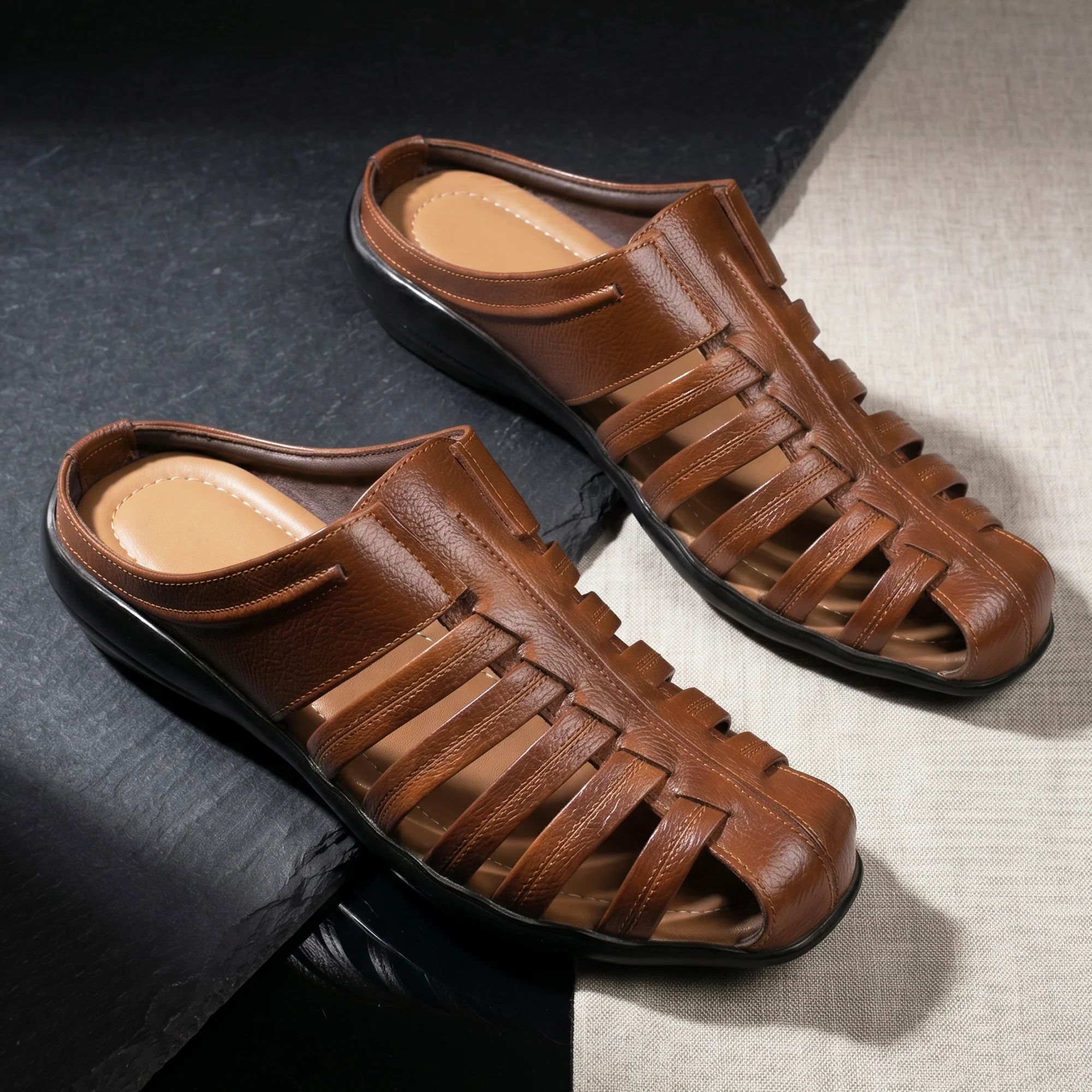 AJANTA Men's Premium Fisherman Sandals | Closed Toe Slip-On Casual Sandals | Lightweight Anti-Skid Comfortable, Breathable, Cushioned Grip Insole & Flexible Walking Sandals | Back Open Leather Look Daily Wear Office, Travel, Outdoor & Ethnic Puja Footwear - Image 15