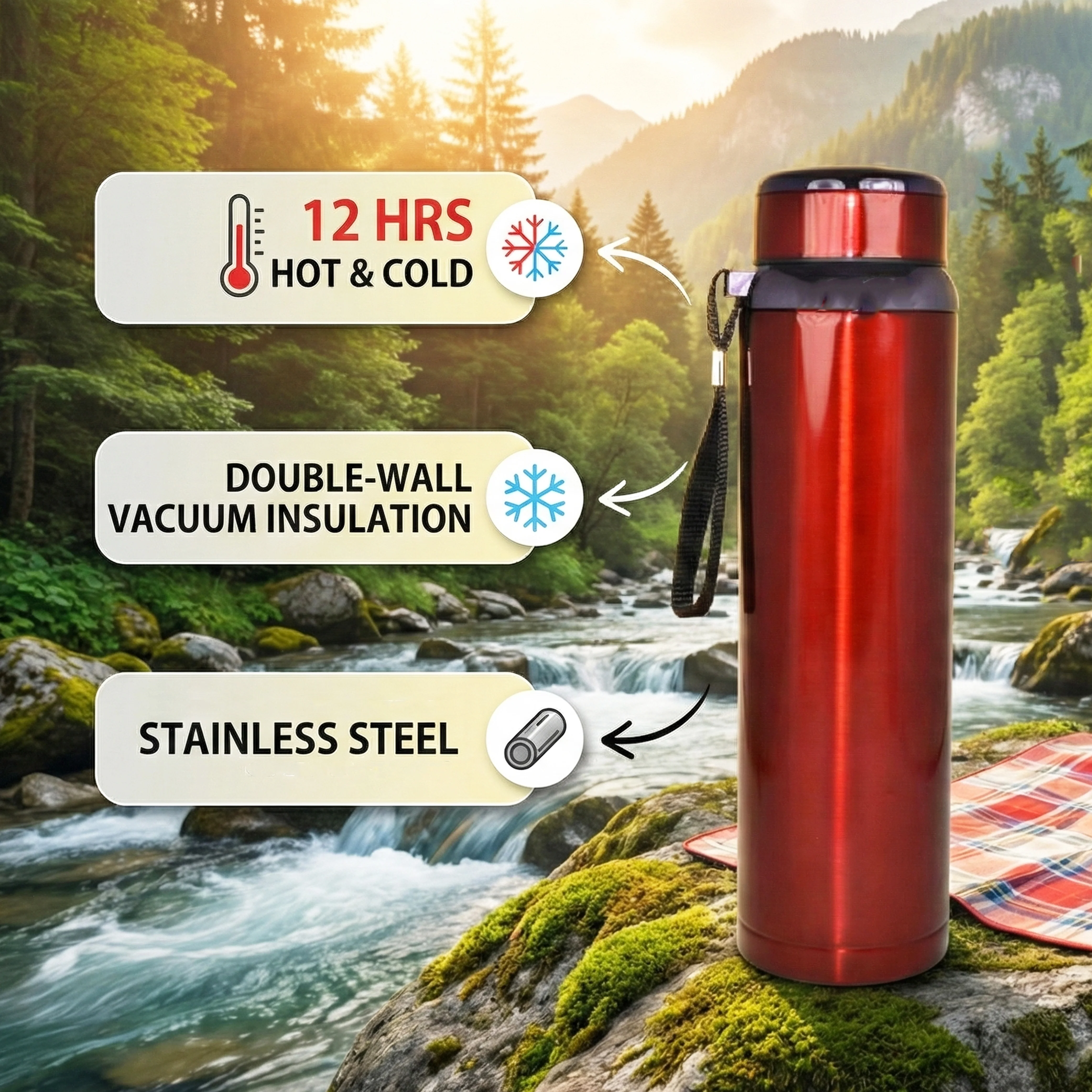 Ajanta Stylish Design 1000ml Stainless Steel Vacuum Flask | Leakproof Hot & Cold Thermos Bottle with Carry Strap and Tea Infuser - Image 5