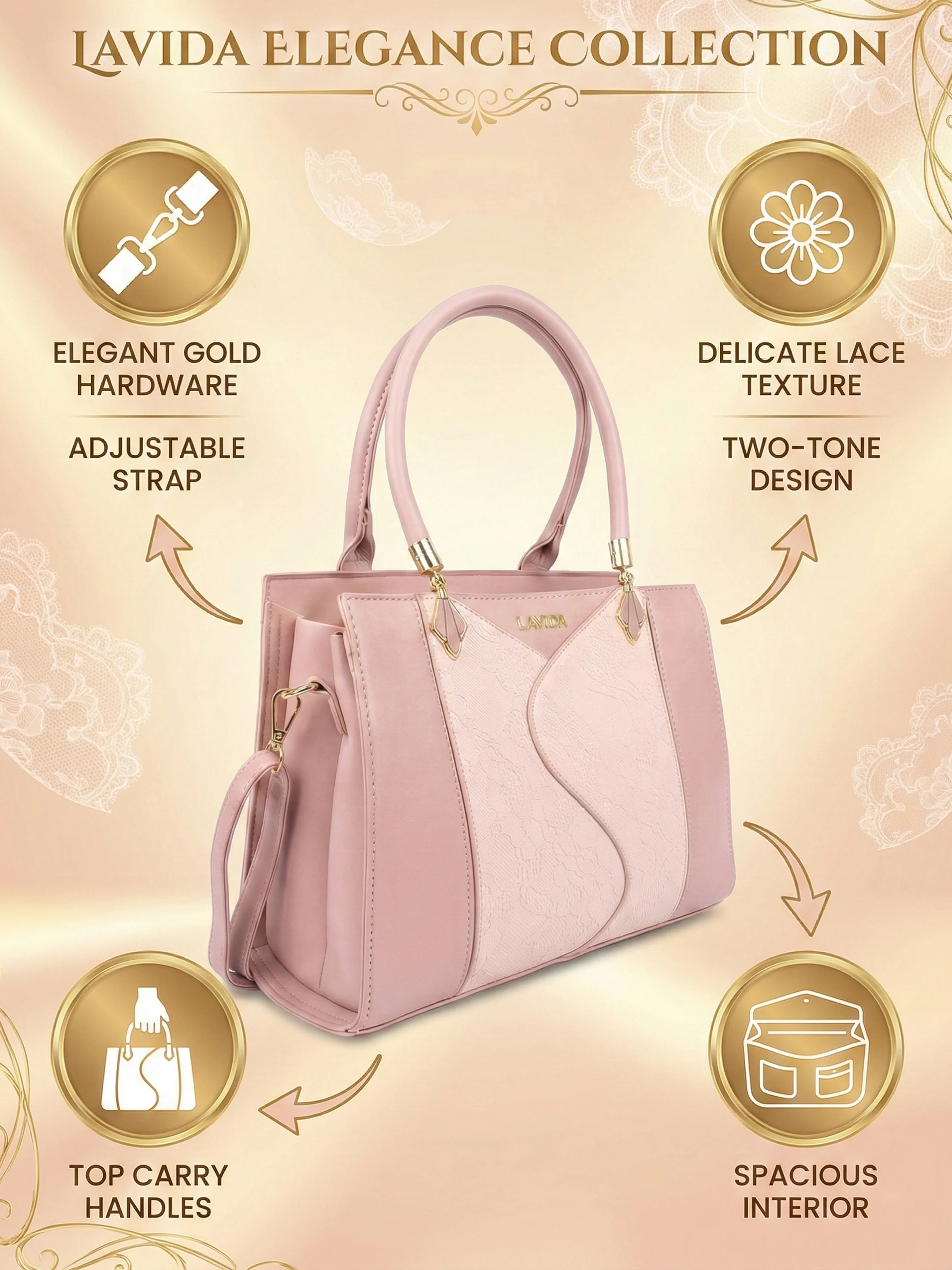 Ajanta Women’s Designer Pink Handbag with Detachable Strap - Image 4