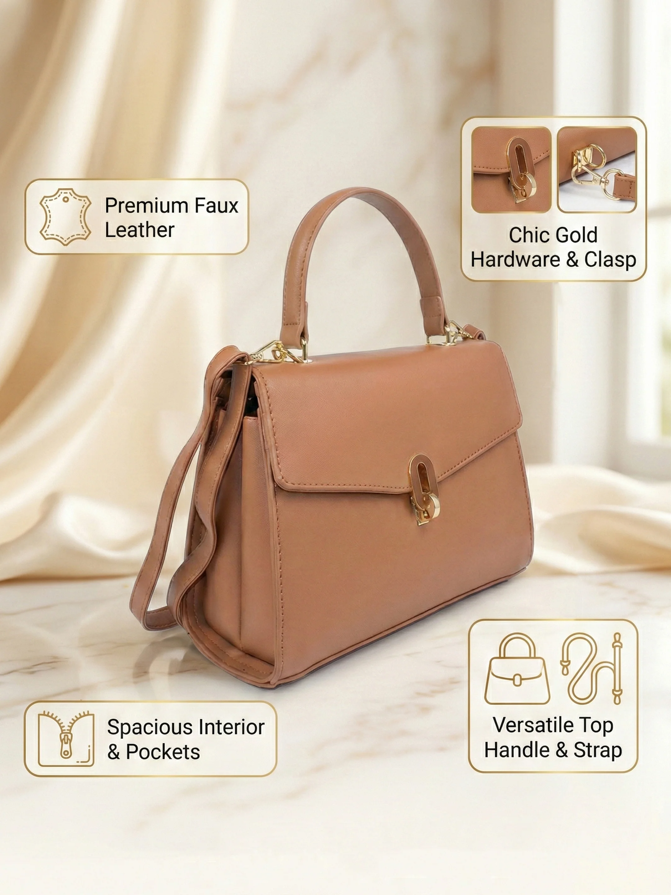 Ajanta Women’s Tan Sling bag with Detachable Strap & Top Handle - Image 3