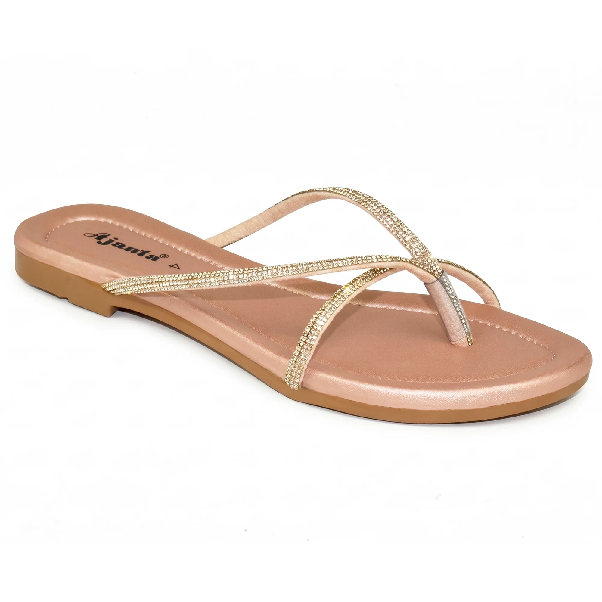 AJANTA Women's Rhinestone Embellished Flat Sandals | Lightweight Slip-On Cross Strap Toe Ring Open Toe Stylish Sandals | Anti-Skid Daily Wear for Office, College, Casual Party, Wedding, Travel, Puja & Festivel Wear | Trendy modern woman Fashion sandals