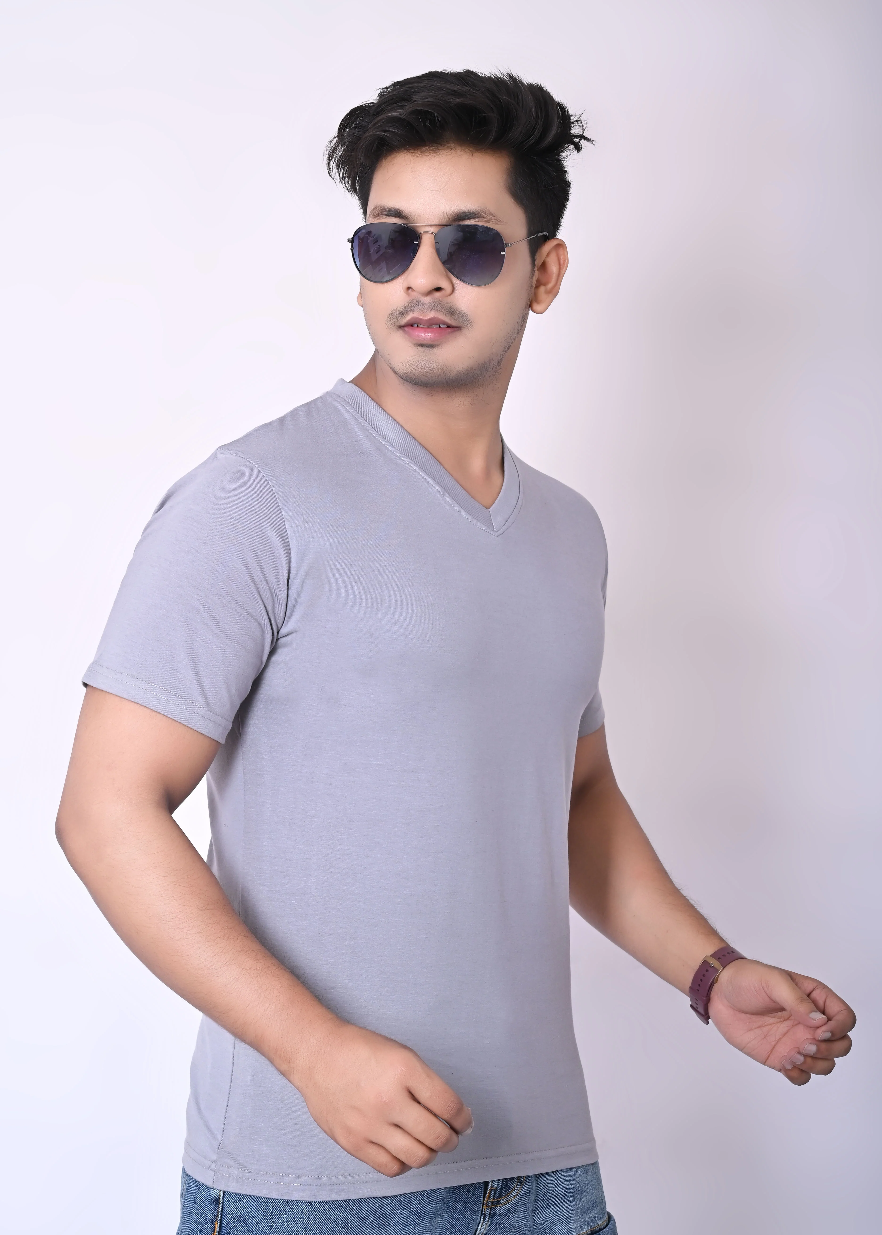 IMPERIO Men Grey Solid V-Neck T-Shirt | Pure Cotton, Casual Fit VN5015 - Image 3