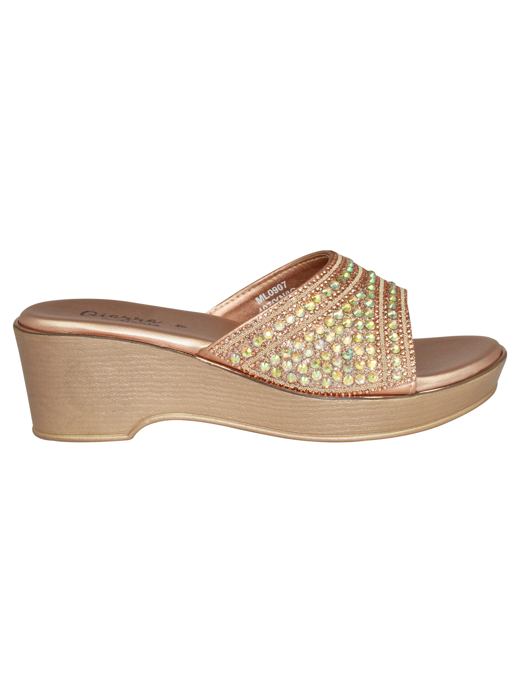 Qiarra Women’s Bronze Stone Embellished Mule Wedge Sandals