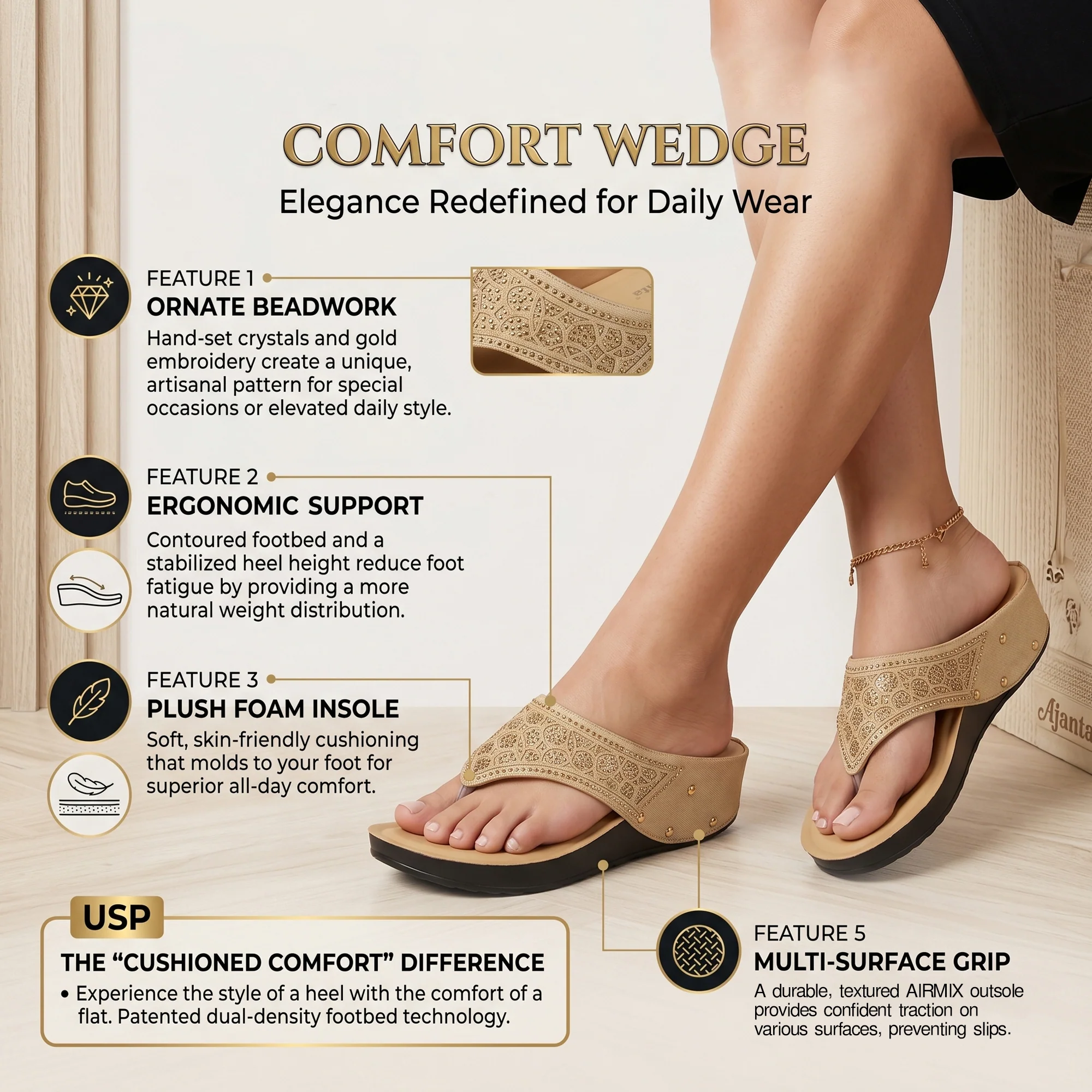 Women’s Stylish Comfort Sandals | Casual Daily Wear Slip-On Flats for Women & Girls | Lightweight Fashion Footwear Beige - Image 6